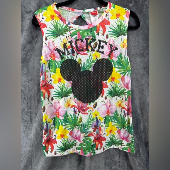 Disney Tropical Floral Mickey Mouse Tank Top Twisted Cut Out Back Juniors Large - Picture 1 of 5